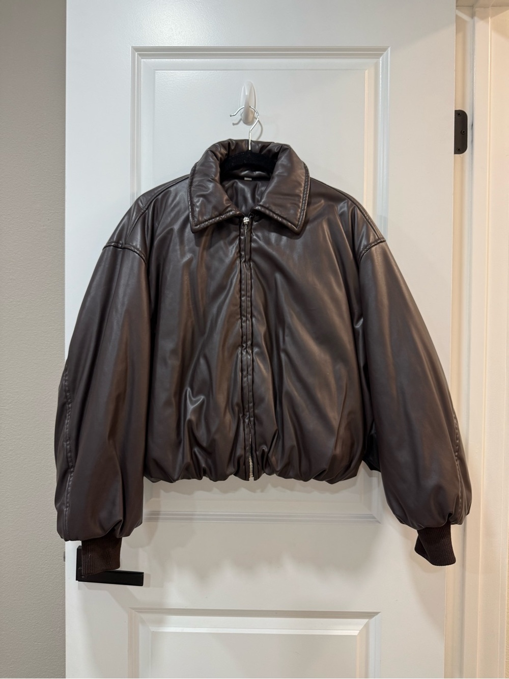 Women’s Brown Leather Bomber Jacket - Classic Puffer Style